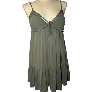Aeropostale Olive Green Babydoll Tiered Ruffle Cami Dress Spaghetti Strap Size L